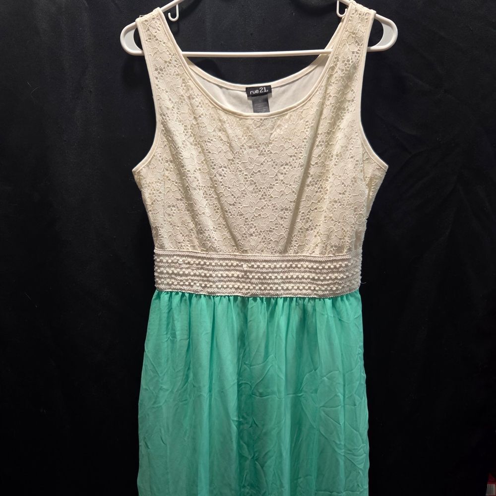 Rue 21 L Cream Lace Mint Green High Low Flowy Maxi Dress Prom Party Sleeveless